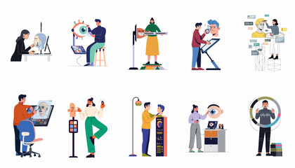 Fototapeta premium Collection of Flat Vector Illustrations Featuring Professionals and Scientists Working with Advanced Technology, Anatomy Models, and Digital Interfaces in Research and Design.
