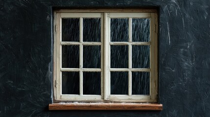 Fototapeta premium A rustic window with chalk art shows rain lines on a blackboard. The scene captures a cozy ambiance at a café on a cloudy day.