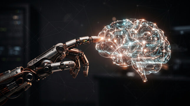 Robot Hand Touching Digital Brain Artificial Intelligence Technology Concept