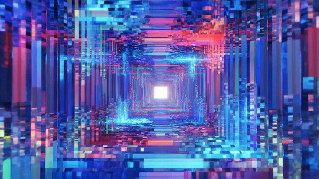 Symmetrical glossy glass tunnel with nested rectangular frames, mirrored columns and bright central square, creating futuristic depth, glow and reflective geometric perspective