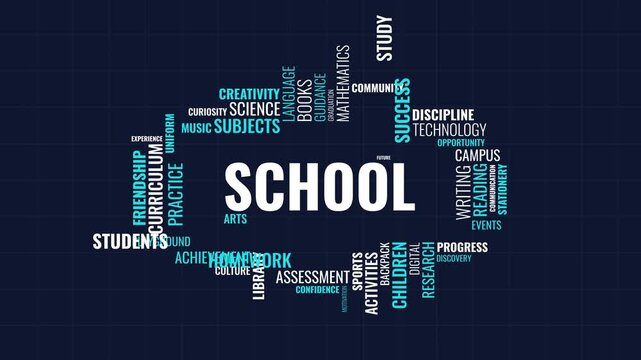 School and Education Word Cloud Concept on Dark Blue Grid Background