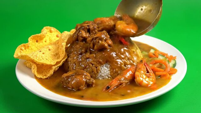 Classic Malaysian Nasi Kandar Rice Curry Spread Isolated On Vibrant Green Background With Crispy Poppadum And Fresh Vegetables