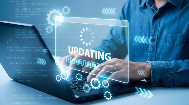 Laptop updating software system with digital graphics overlaid on hands typing.