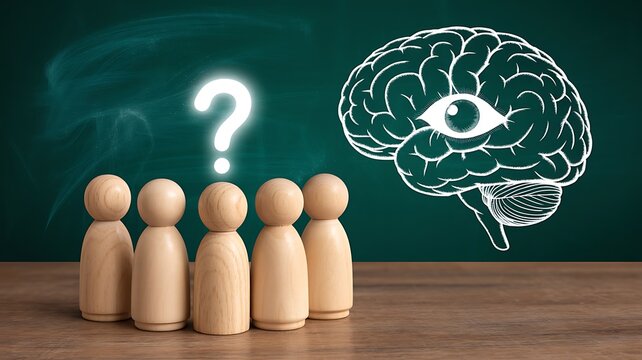 group of wooden figures representing people with question mark and brain with eye symbol on green chalkboard for concept of decision making and intelligence.