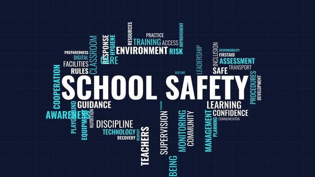 School Safety Word Cloud Animation with Education and Security Related Terms on Dark Grid Background