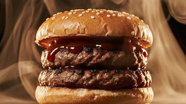Cinematic Close-Up of Mouth-Watering Barbecue-Style Burger Surrounded by Swirling Smoke Perfect for Food Marketing