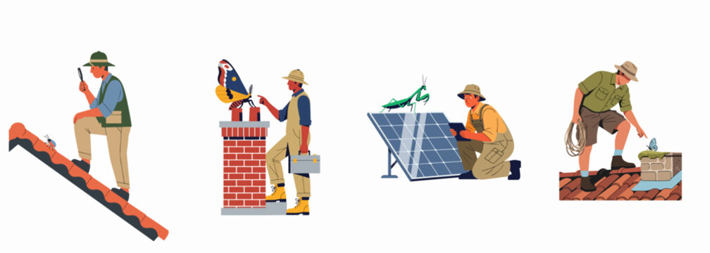 Flat vector illustrations of technicians and workers discovering nature and biodiversity while working on roofs, solar panels, and chimneys.