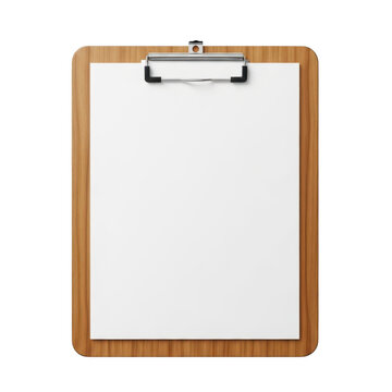 Wooden clipboard with blank white paper sheet isolated on transparent background for professional documents