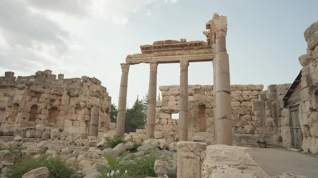 ancient roman temple columns and stone ruins at baalbek