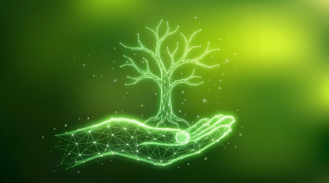 Glowing wireframe hand supporting a digital tree outline symbolizes sustainable nature development.