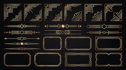 Collection of elegant art deco golden geometric frames and dividers on black background for luxury design elements and decorative borders.