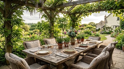 Fototapeta premium Beautiful outdoor dining table set under a green garden pergola on a sunny summer day. Patio dining inspiration