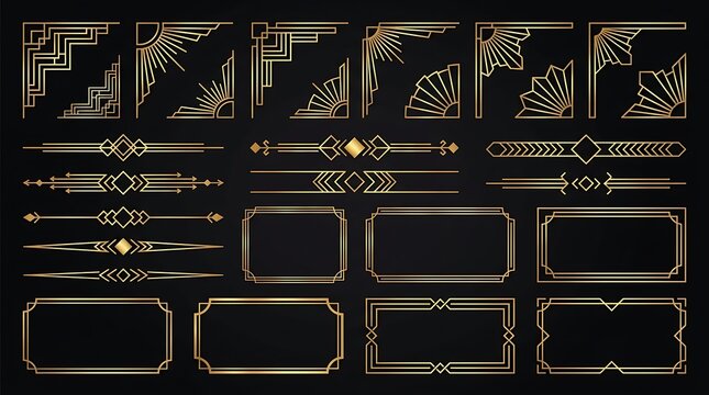 Collection of elegant art deco golden geometric frames and dividers on black background for luxury design elements and decorative borders.