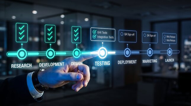 Software development lifecycle timeline with glowing digital interface, professional hand touching testing phase on virtual screen, corporate project management and product launch process.