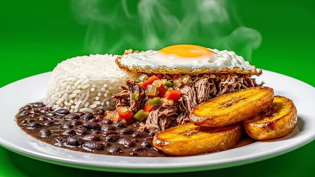 Classic Venezuelan Pabell?n Criollo With Shredded Beef, Rice, Black Beans, Fried Plantains, And Egg Isolated On Vibrant Green Chroma Key Background