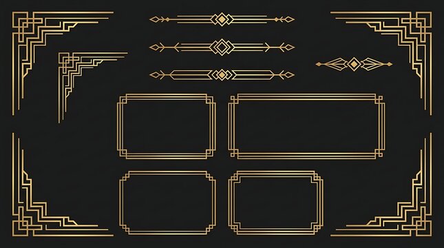 Set of art deco golden decorative borders, corners, and dividers on black background for elegant vintage luxury graphic design and ornate page elements.