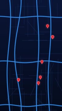 GPS Navigation Map with Glowing Blue City Streets and Red Location Pins Vertical Motion Background Loop