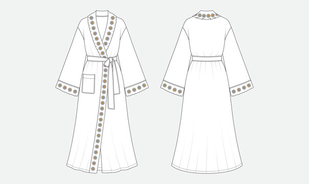 Women's long wrap robe fashion flat sketch with scalloped floral trim embroidery, technical drawing template