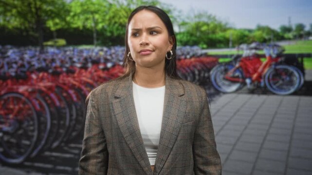 Woman gesturing with hand and puzzled face toward a row of parked bicycles at a busy street bike rack; urban commuting frustration.