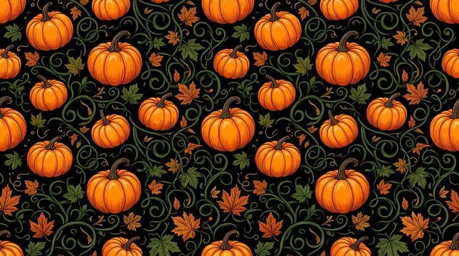 Seamless pattern of orange pumpkins and autumn leaves on black background for fall harvest decoration and seasonal designs.