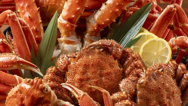 盛り付けた茹でた毛ガニ・タラバガニ・ズワイガニの三種盛り。鮮やかな赤色が食欲をそそる、北海道の高級海鮮・カニ料理・贈り物のイメージ写真。