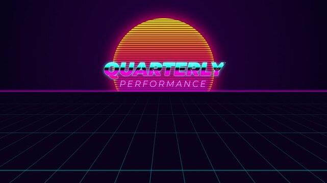Retro 80s synthwave animation of quarterly performance text with neon sun