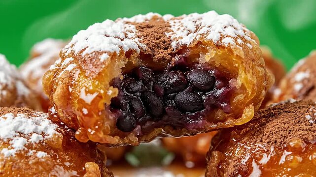 Classic Guatemalan Rellenitos De Pl?tano Isolated On Solid Green Background With Sweet Black Bean Filling