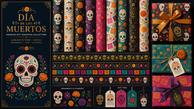 Vibrant collection of D&iacute;a de los Muertos themed graphic resources featuring sugar skulls, marigolds, decorative patterns, gift wraps, and tags.