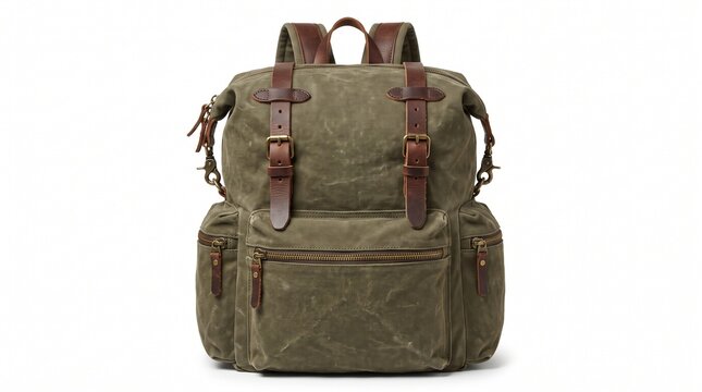 Olive green canvas backpack with brown leather straps