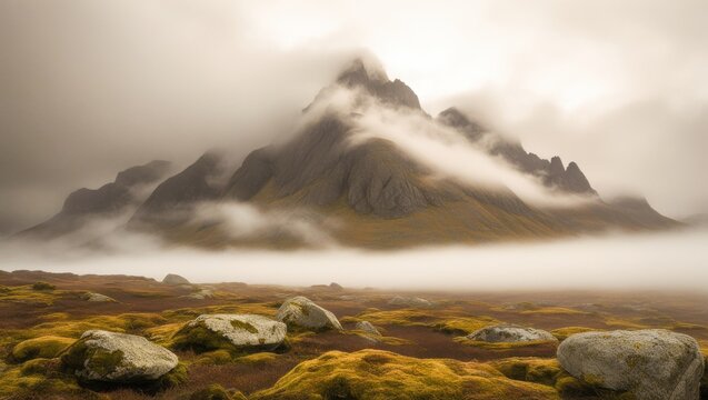 Rugged mountain peak emerging through dense fog over mossy valley landscape