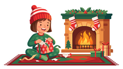 Fototapeta premium Happy young girl opening Christmas presents near a warm brick fireplace in colorful winter pajamas