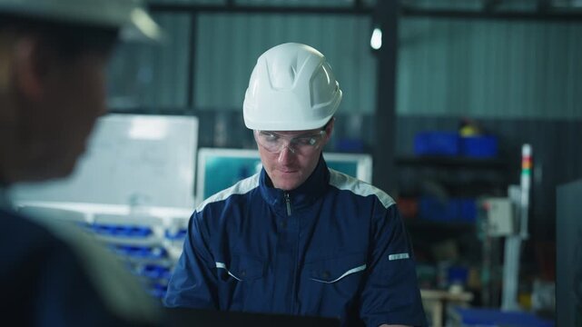 Male and female industrial employees discussing maintenance and control. Using a computer monitor to monitor factory machine assembly.