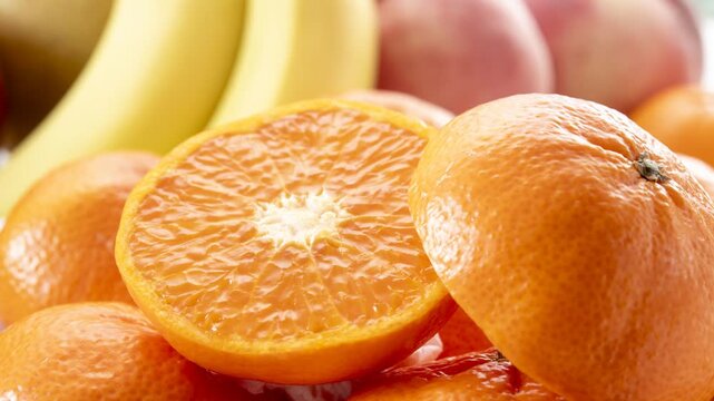 Mandarin oranges cut in half showing the juicy segments, camera zooms in and pans across the fruit