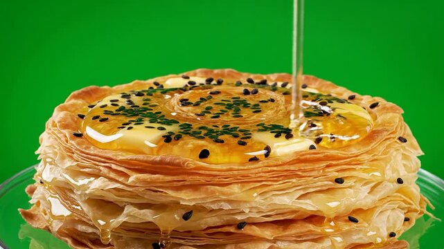 Classic Yemeni Bint Al-Sahn Honey Cake Isolated On Pure Chroma Key Green Background With Honey Drizzle And Black Sesame Seeds