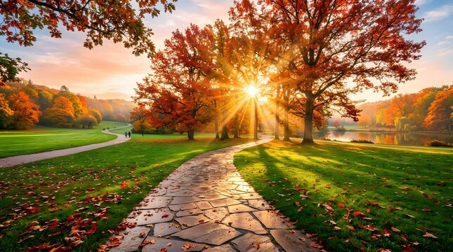 Stone pathway through a vibrant autumn park with golden sunlight streaming through colorful trees at sunset