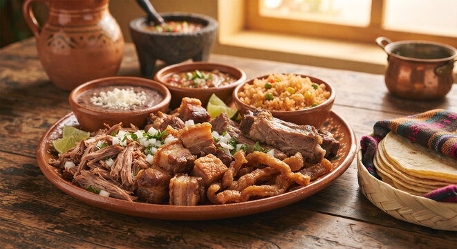 A hearty, traditional food styling photograph of a plate piled high with mixed carnitas cuts (maciza, cuerito, and costilla), served with a side of refried beans, Mexican rice, and warm tortillas.