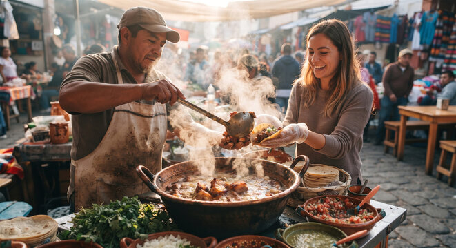 &nbsp;A warm, cinematic shot of a bustling outdoor food market where a large pot of carnitas is being served to eager customers, with steam rising in the morning air.