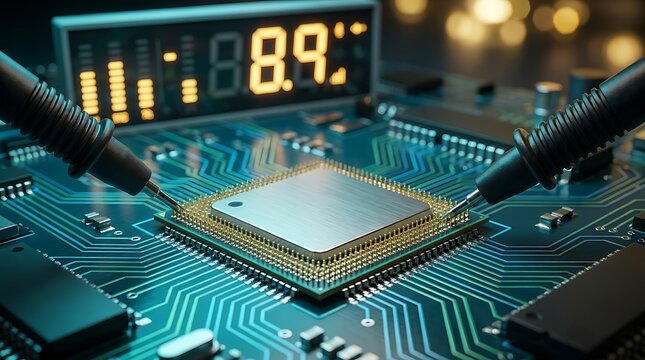 Detailed view of central processing unit on circuit board, digital probes measuring performance, showcasing advanced computer technology and electronic infrastructure, vivid blue and orange glow.