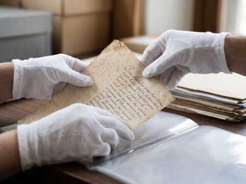 Historian wearing protective white gloves holding fragile vintage paper manuscript