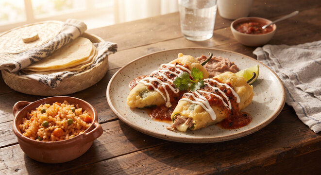 A warm, sun-drenched photograph of a plate of chiles rellenos served alongside warm corn tortillas and a side of Mexican red rice on a rustic wooden table.