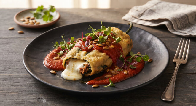 A modern culinary presentation of a stuffed chile relleno artfully plated on a dark ceramic dish, drizzled with a roasted tomato coulis and garnished with microgreens and toasted pumpkin seeds.