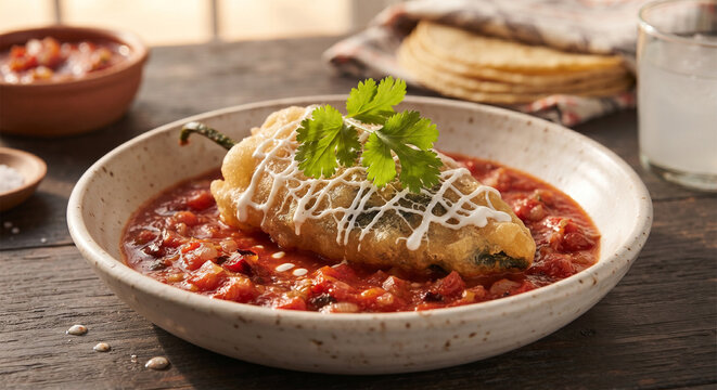 A vibrant food styling photograph of a freshly fried chile relleno resting in a shallow pool of rich, bright red tomato salsa (salsa roja), garnished with a sprig of fresh cilantro 