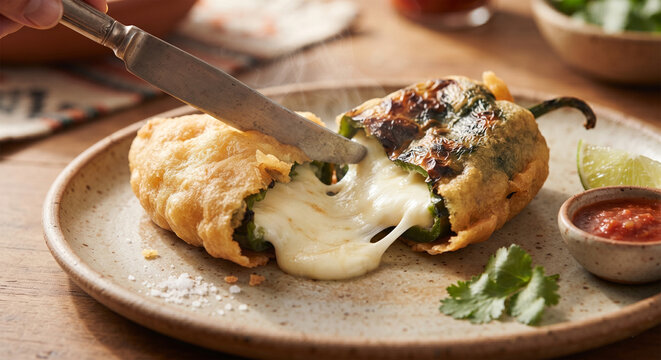 A dynamic, close-up photograph of a golden, fried chile relleno being gently cut open, revealing a stretchy, gooey stream of melted white cheese oozing from inside a blistered roasted poblano pepper.