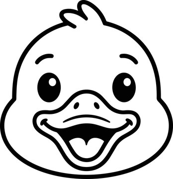Cute cartoon duck face, black and white line art, simple illustration for kids