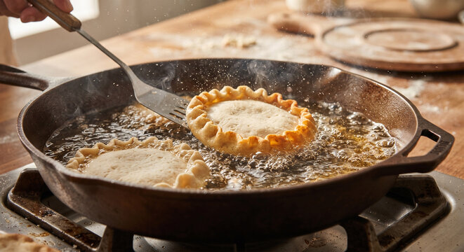 A high-action shot of raw masa sopes being shallow-fried in a cast-iron skillet, capturing the bubbling oil and the golden color developing along the pinched rims.