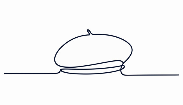 One continuous line illustration of an beret cap , isolated on white background.