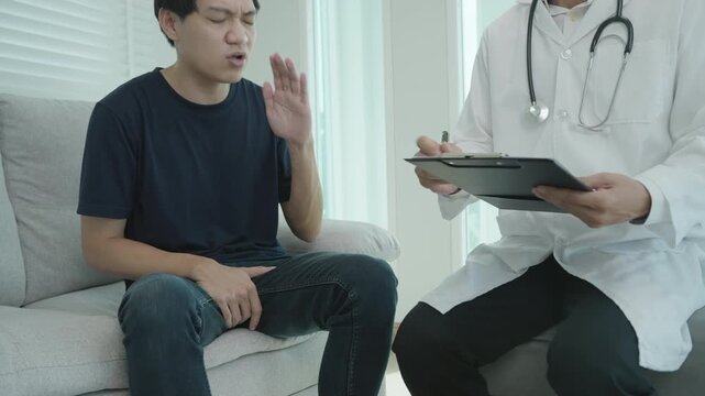 Man hold hand in front of private parts feeling discomfort and consult doctor. Venereal, testicular cancer. bladder problems, erectile dysfunction, premature ejaculation, prostate cancer