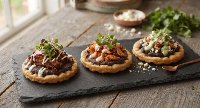 &nbsp;A modern culinary presentation of three miniature sopes arranged artfully on a dark slate board, each topped with a different protein and garnished with microgreens and crema.