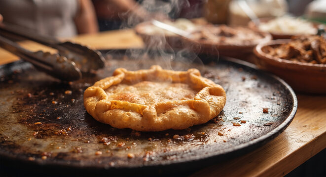 A dynamic, close-up photograph of a freshly cooked sopes base on a hot comal, highlighting its thick, golden-brown fried masa crust and signature raised, pinched edges designed to hold toppings.