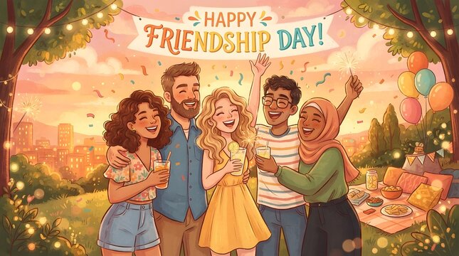 Happy Friendship Day Card with Diverse Group of Friends Celebrating Together. Friendship Celebration, Social Connection, Love, Unity, Happiness and International Friendship Day